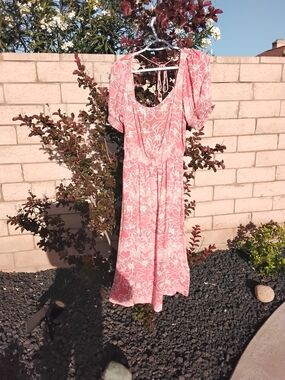 Roxy Pink Floral Midi Dress with Puff Sleeves